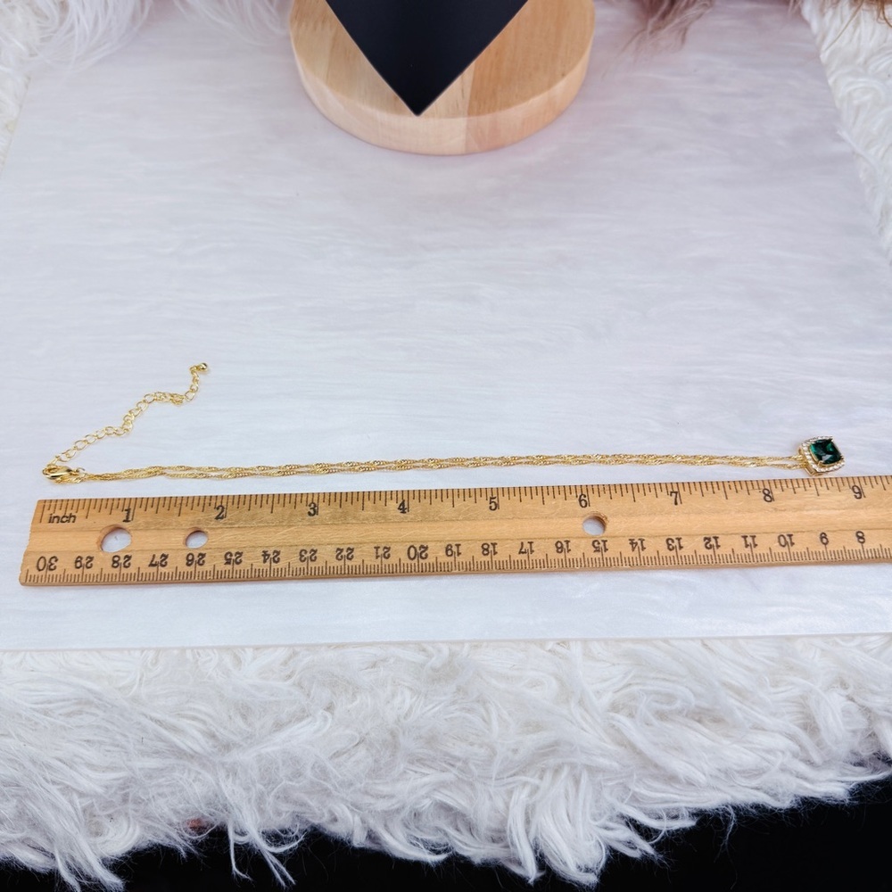 Goldtone Green Cushion Pendant Necklace with Halo Accents - Picture 7 of 8